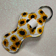 Load image into Gallery viewer, SunKeeper || White w/Sunflowers || Custom Sunflower Keyring Balm Holder || Neoprene Keychain