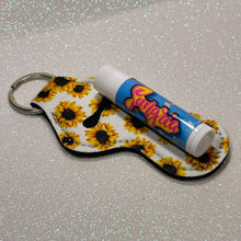 Load image into Gallery viewer, SunKeeper || White w/Sunflowers || Custom Sunflower Keyring Balm Holder || Neoprene Keychain