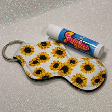Load image into Gallery viewer, SunKeeper || White w/Sunflowers || Custom Sunflower Keyring Balm Holder || Neoprene Keychain