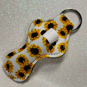 SunKeeper || White w/Sunflowers || Custom Sunflower Keyring Balm Holder || Neoprene Keychain
